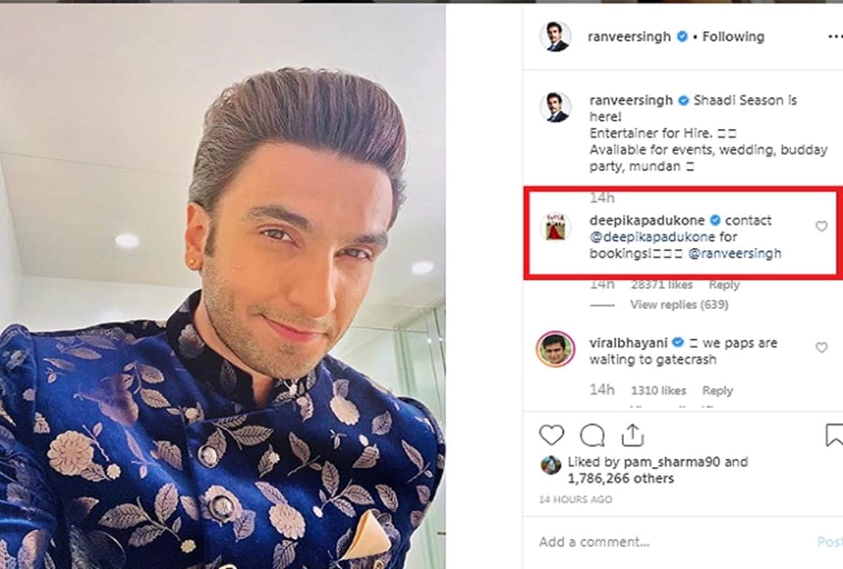 Deepika Padukone Funny comment on Ranveer Singh Entertainer for Hire post on Instagram