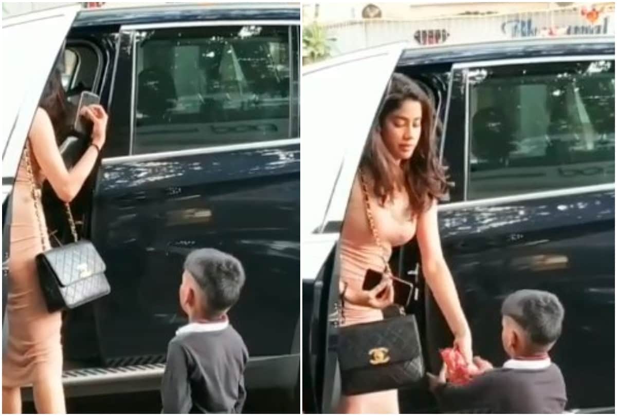 Janhvi Kapoor video viral gives biscuit to needy kid