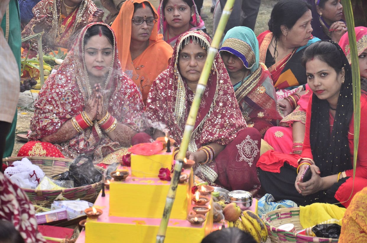 Women gave arghya to the setting sun