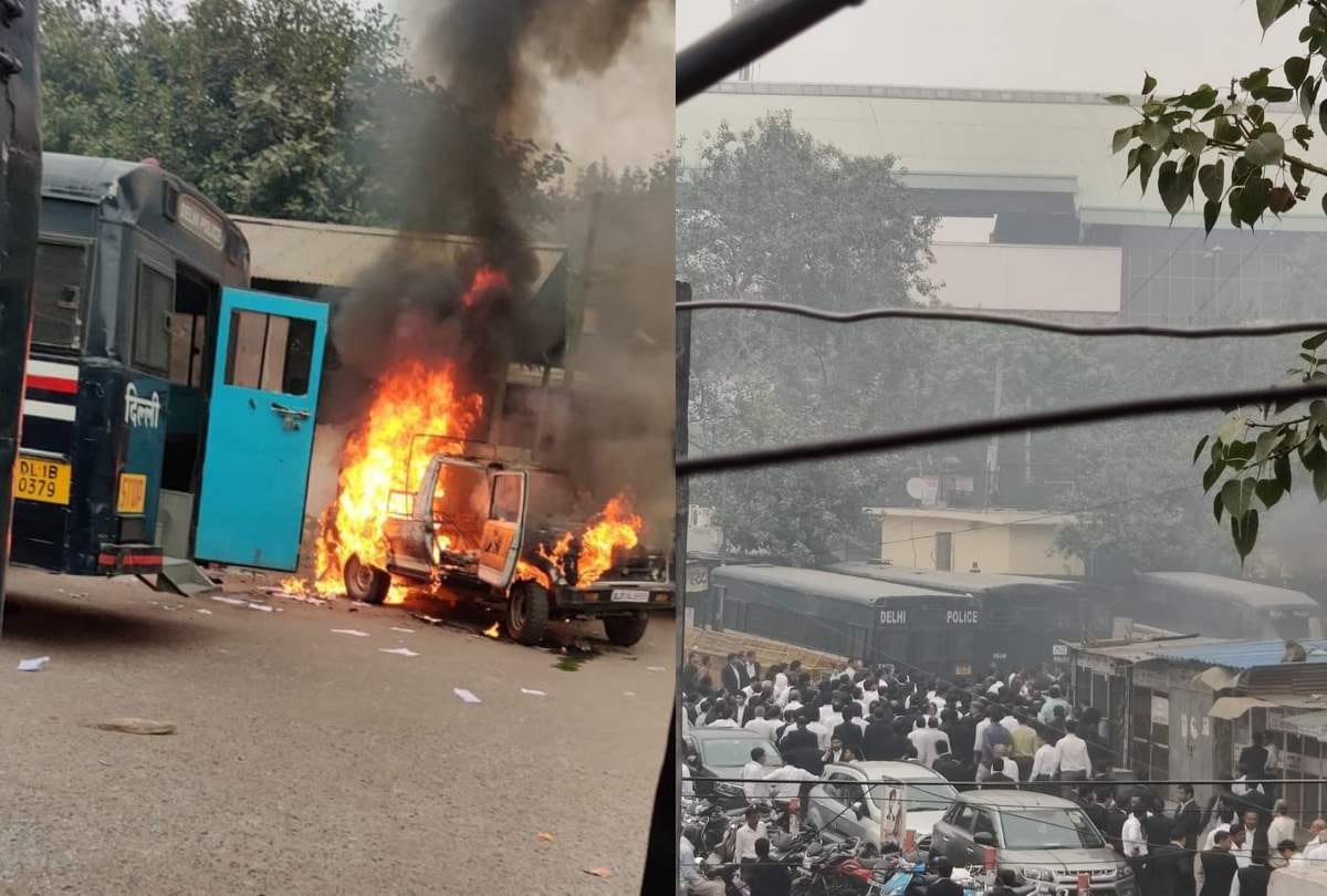 delhi clash between police and lawyers in tis hazari court many vehicles set on fire force deployed