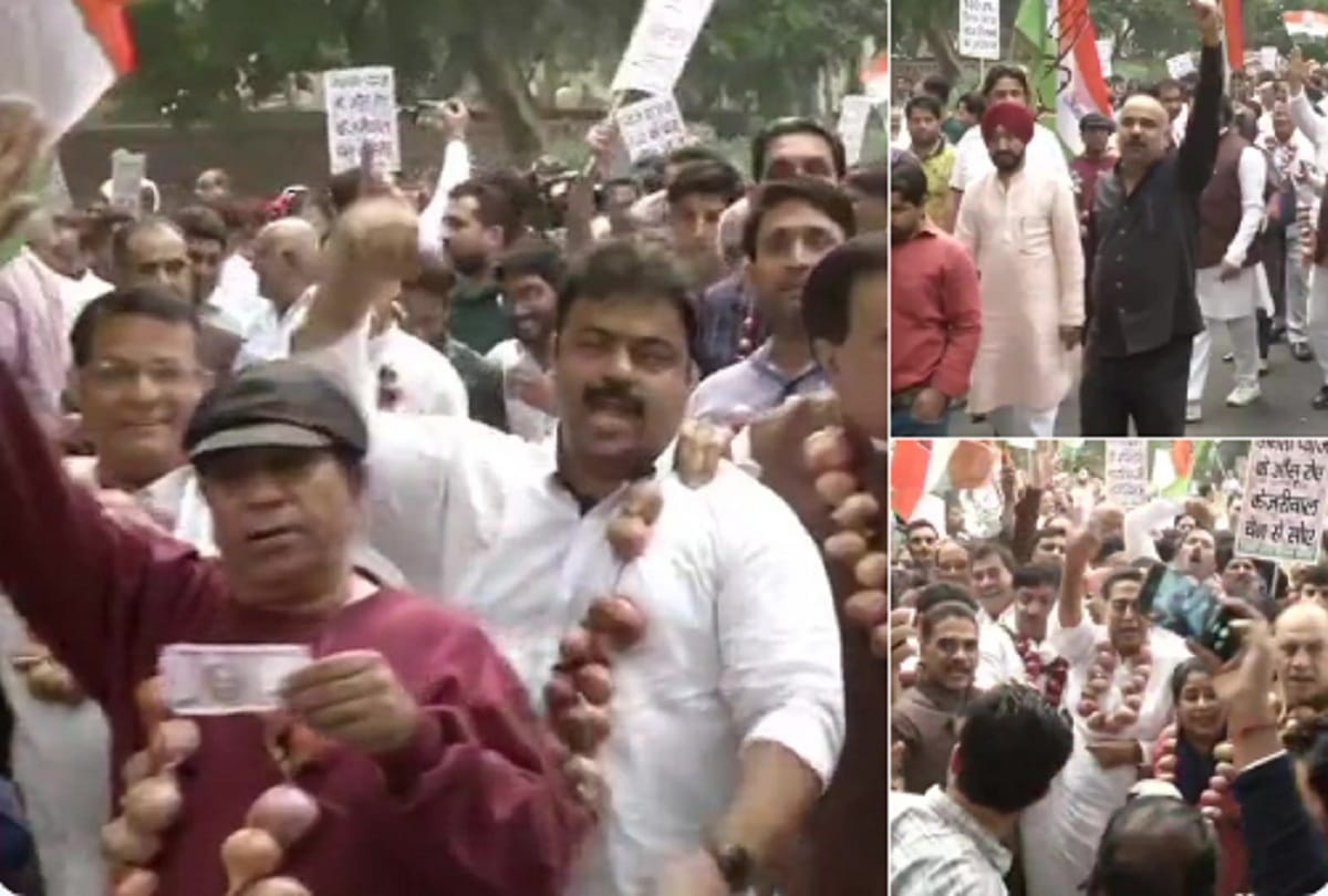 bjp-congress protest against delhi government over onion price hike