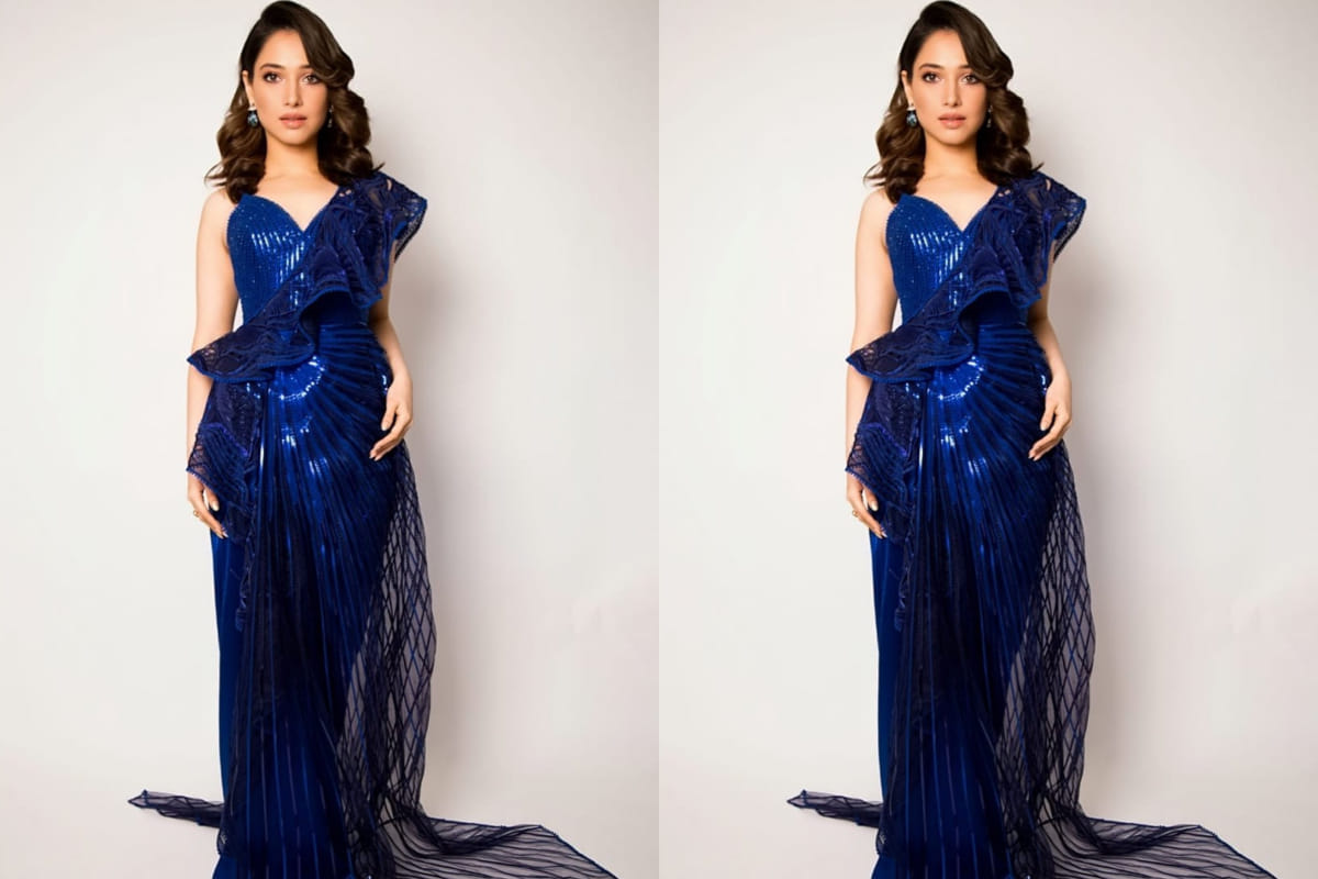 tamannaah bhatia slays in amit agarwal blue unique saree outfit