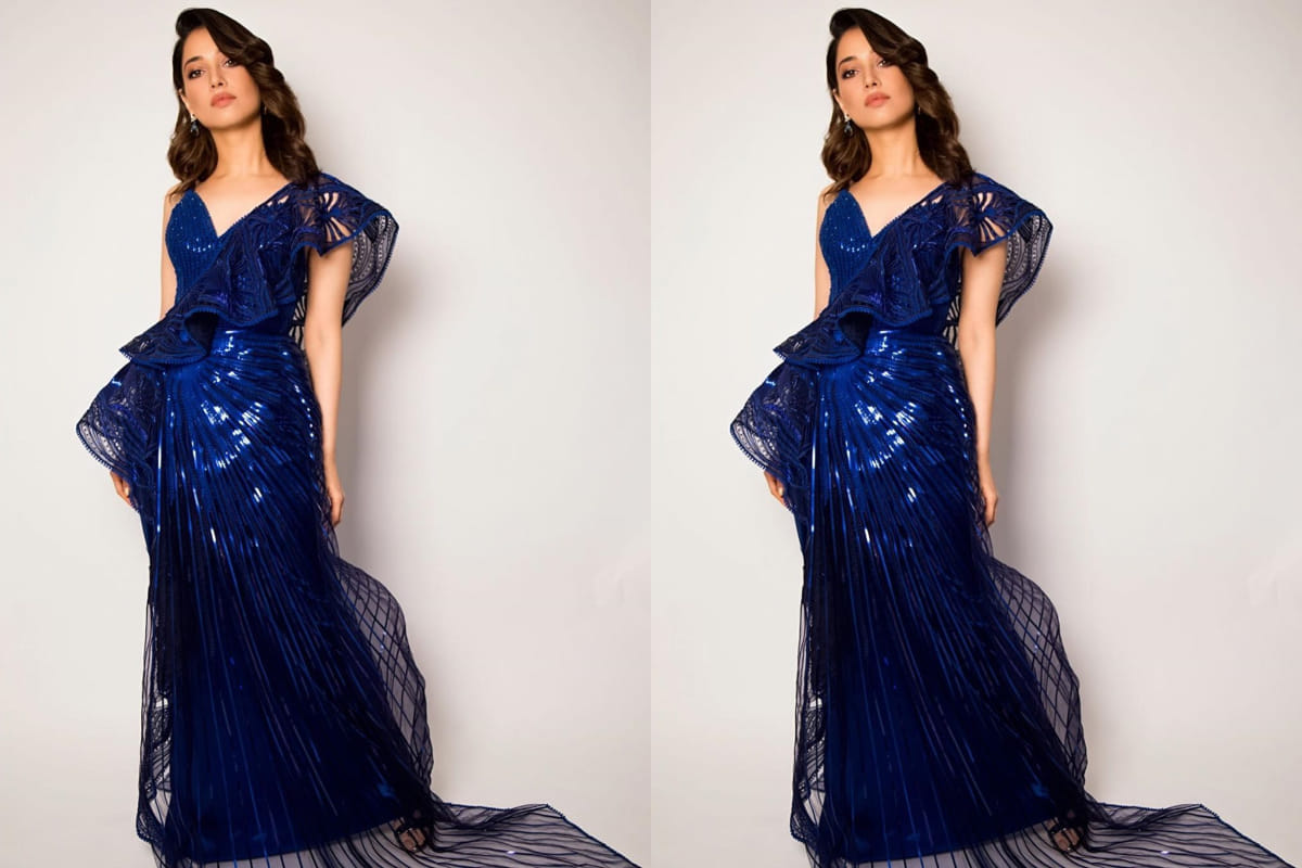 tamannaah bhatia slays in amit agarwal blue unique saree outfit