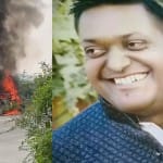 चांदी कारोबारी की फाइल फोटो और जलती हुई कार