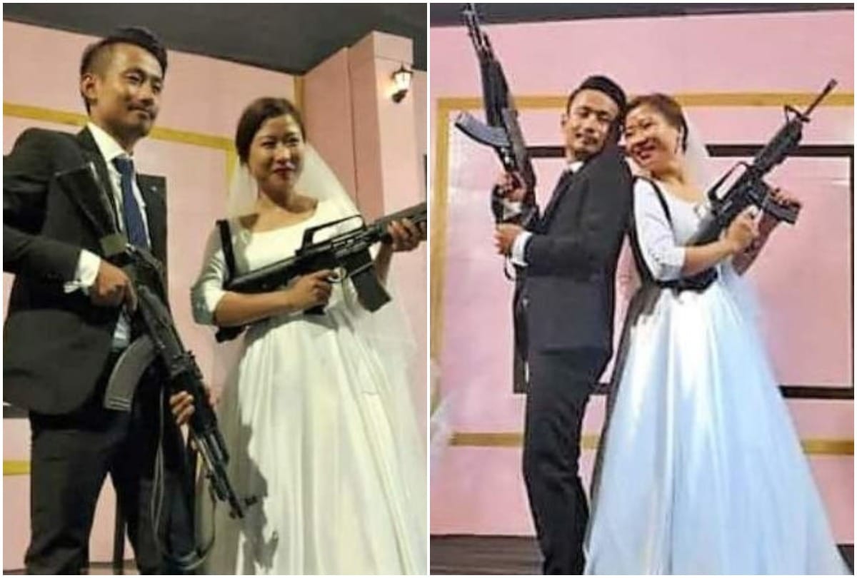 Nagalands rebel leaders son and daughter in law showed AK 56 and M16 assault rifle at his wedding