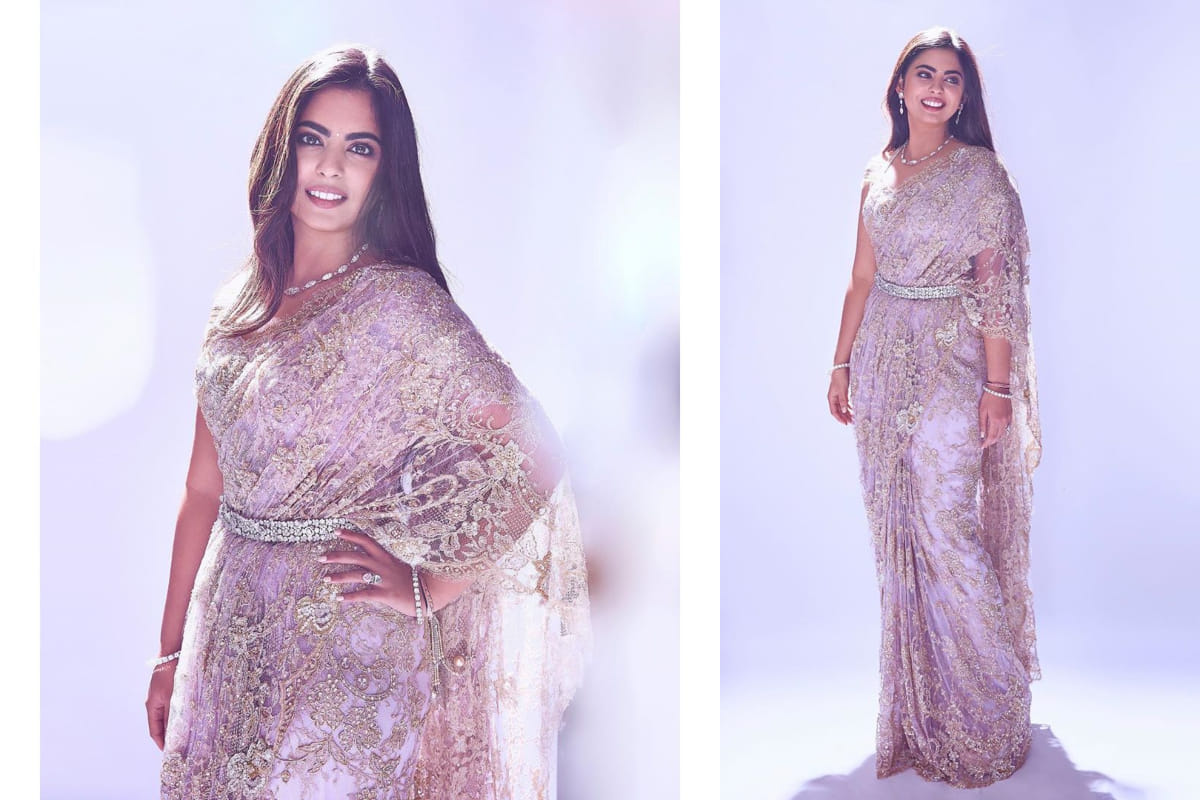 isha ambani looks mesmerizing in abu jani sandeep khosla lilac designer saree