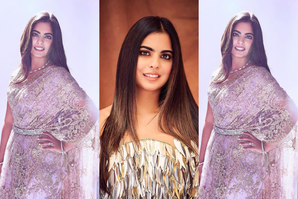 isha ambani looks mesmerizing in abu jani sandeep khosla lilac designer saree