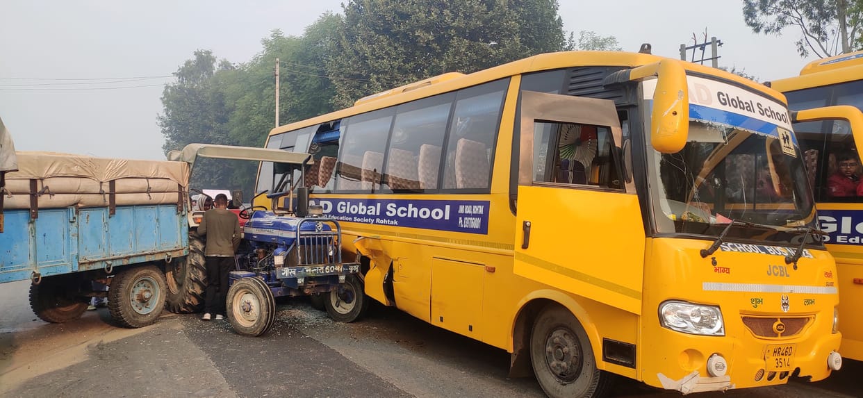 disblanced tracter driver hit school bus