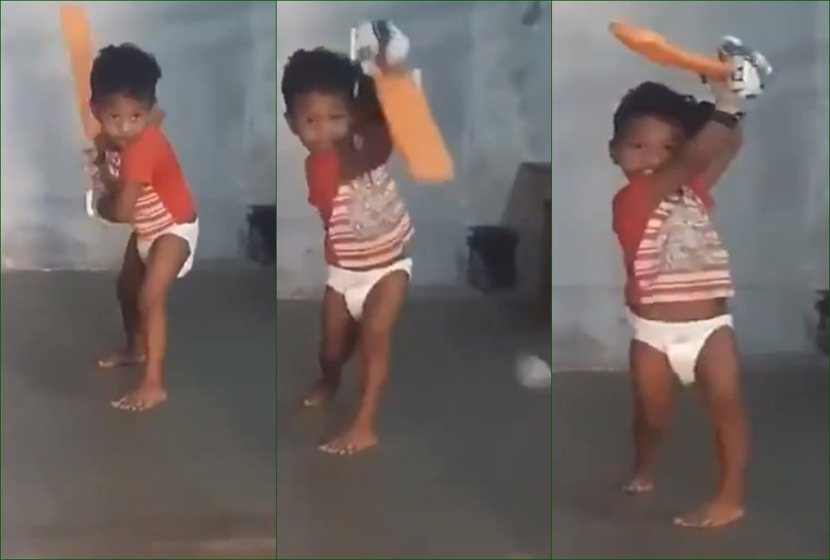 VIRAL video Child playing brilliant shot wearing diaper social media says tendulkar reincarnation