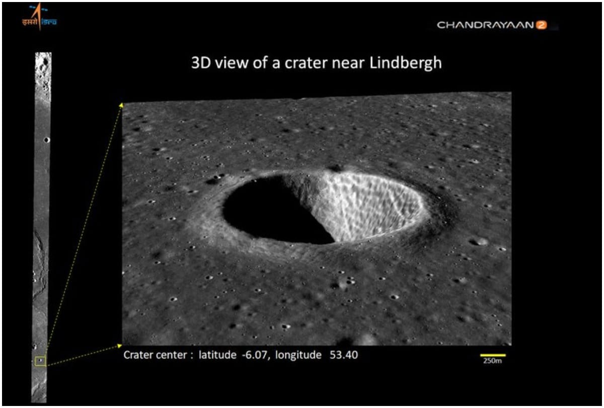 3D view of a crater imaged by TMC-2 Terrain Mapping Camera of Chandrayaan 2
