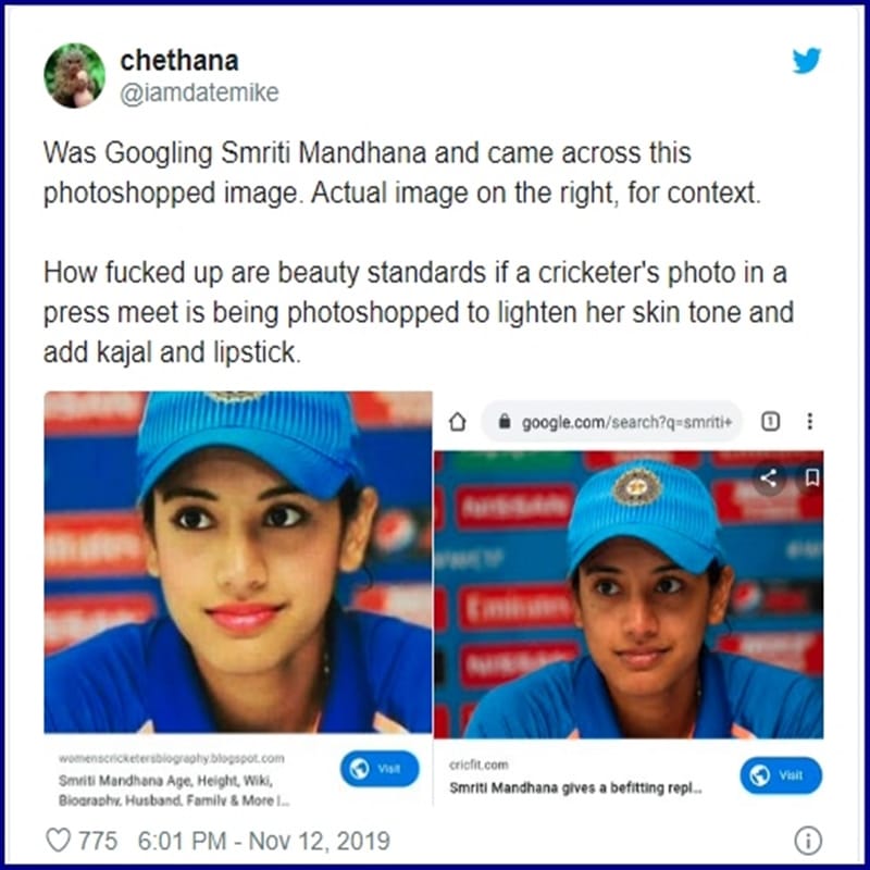 Smriti Mandhana photoshopped Image with Lipstick and Fairer Skin goes viral on internet