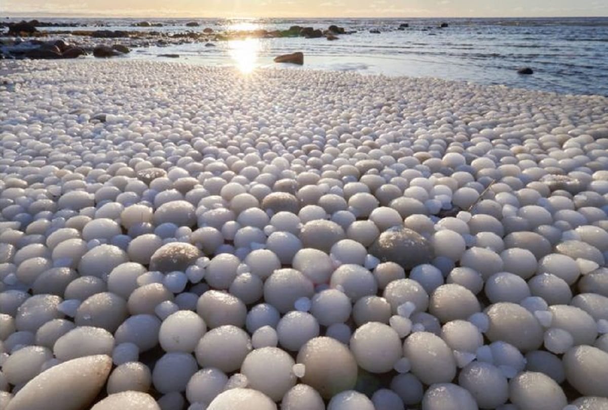 thousands of egg shaped ice balls cover finland beach