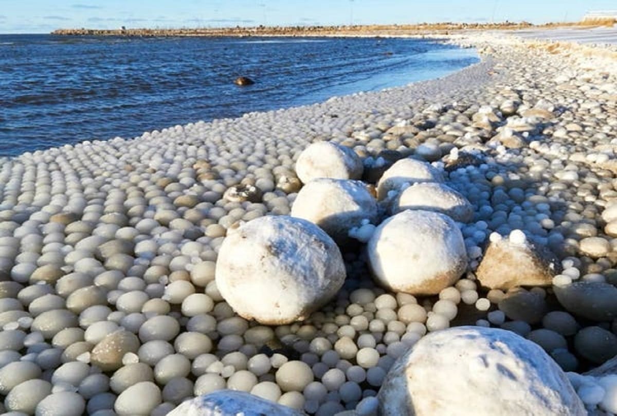 thousands of egg shaped ice balls cover finland beach