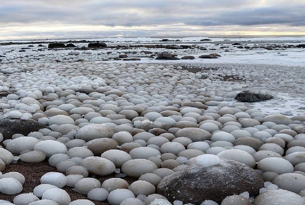 thousands of egg shaped ice balls cover finland beach