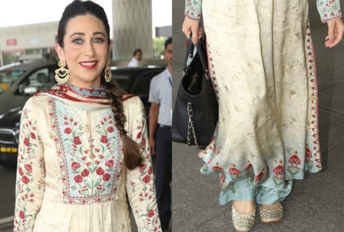 karishma kapoor traditional airport look in off white floral kurta