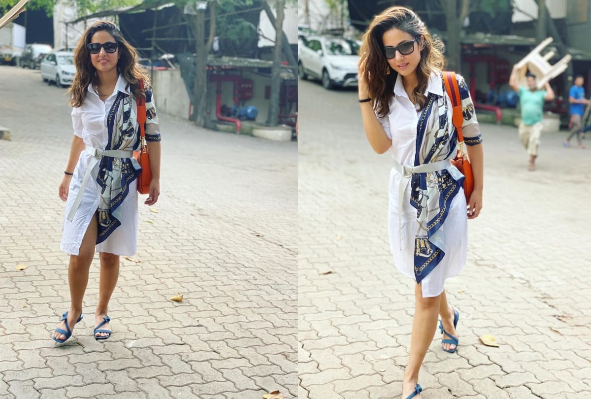 hina khan street style look in white shirt dress and blue scarf