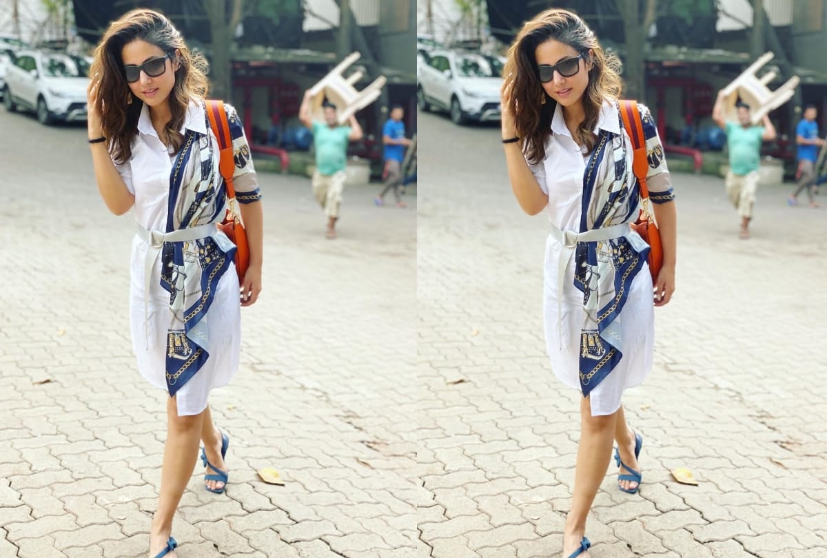 hina khan street style look in white shirt dress and blue scarf
