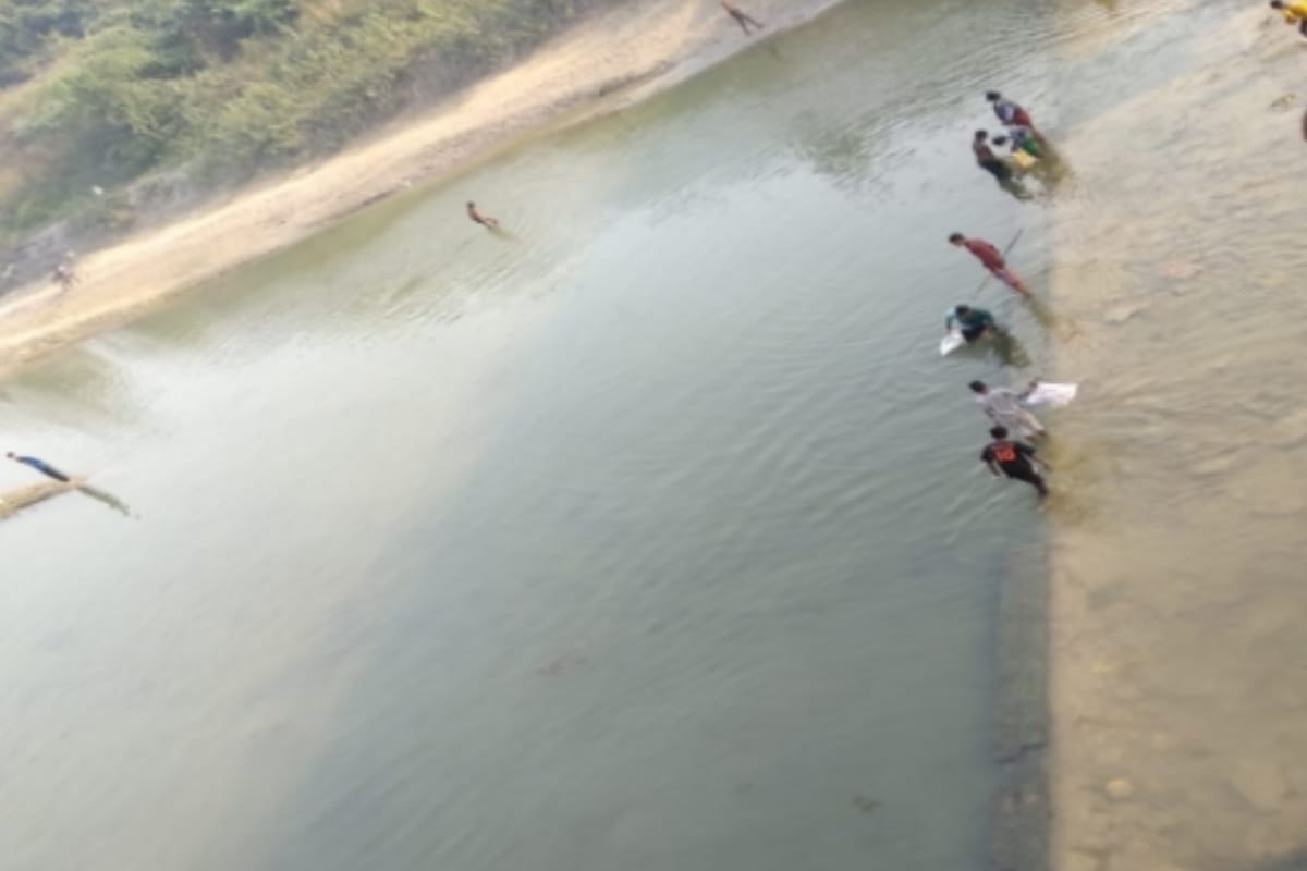 People started fishing with sticks in rive in Hastinapur, Meerut