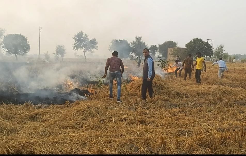 dc went to field, fire in parali, wonen sarpanch suspended, fire, pollution, fatehabad