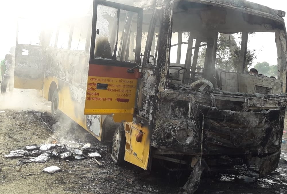 Fire because of short circuit in a bus in Raebareli.