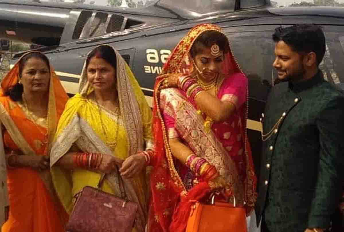 engineer groom brought her bride on helicopter in his village