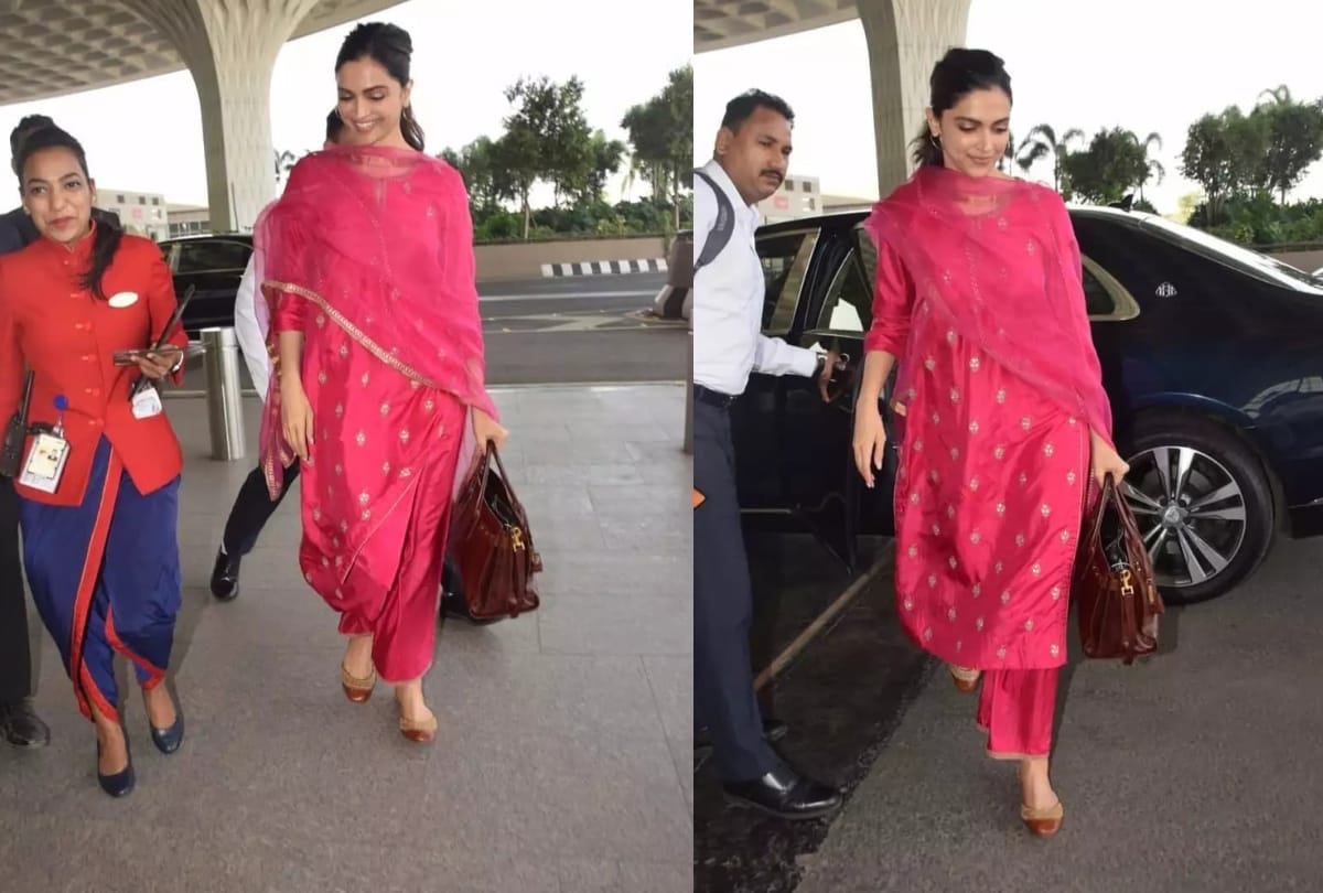 deepika padukone latest photos in pink kurta at airport