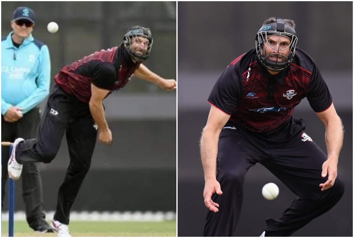 New Zealand cricketer Andrew Ellis wears helmet while bowling