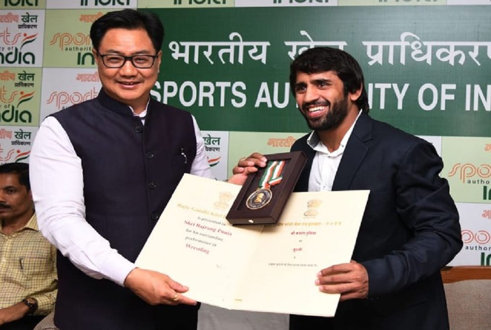 Sports minister Kiren Rijiju hands over Khel Ratna to wrestler Bajrang Punia