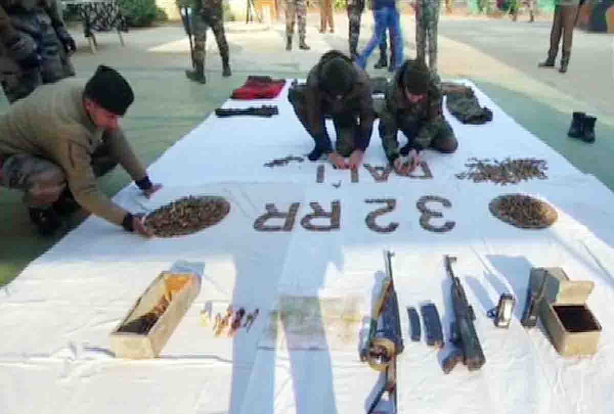 Huge cache of arms ammunition and Infiltration route map recovered from Sopore Jammu Kashmir