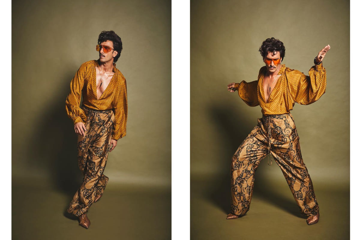 ranveer singh look classy in new retro avatar mustard top and printed pant