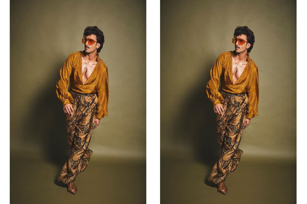 ranveer singh look classy in new retro avatar mustard top and printed pant