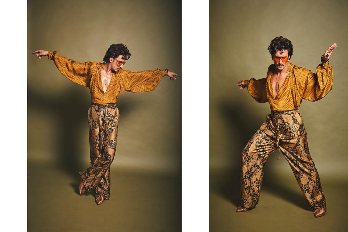 ranveer singh look classy in new retro avatar mustard top and printed pant