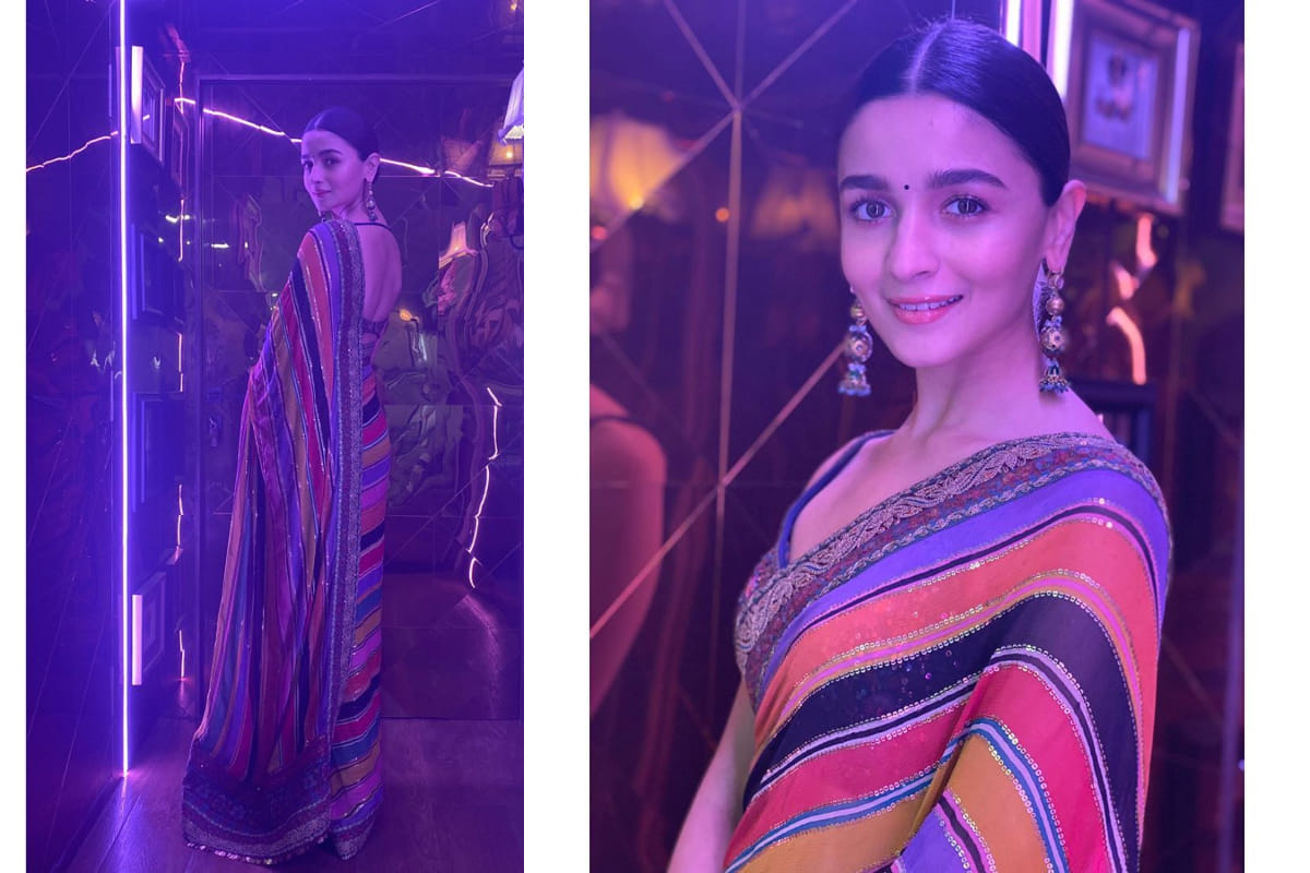 alia bhatt look fabulous in sabyasachi multicolor saree at screen awards