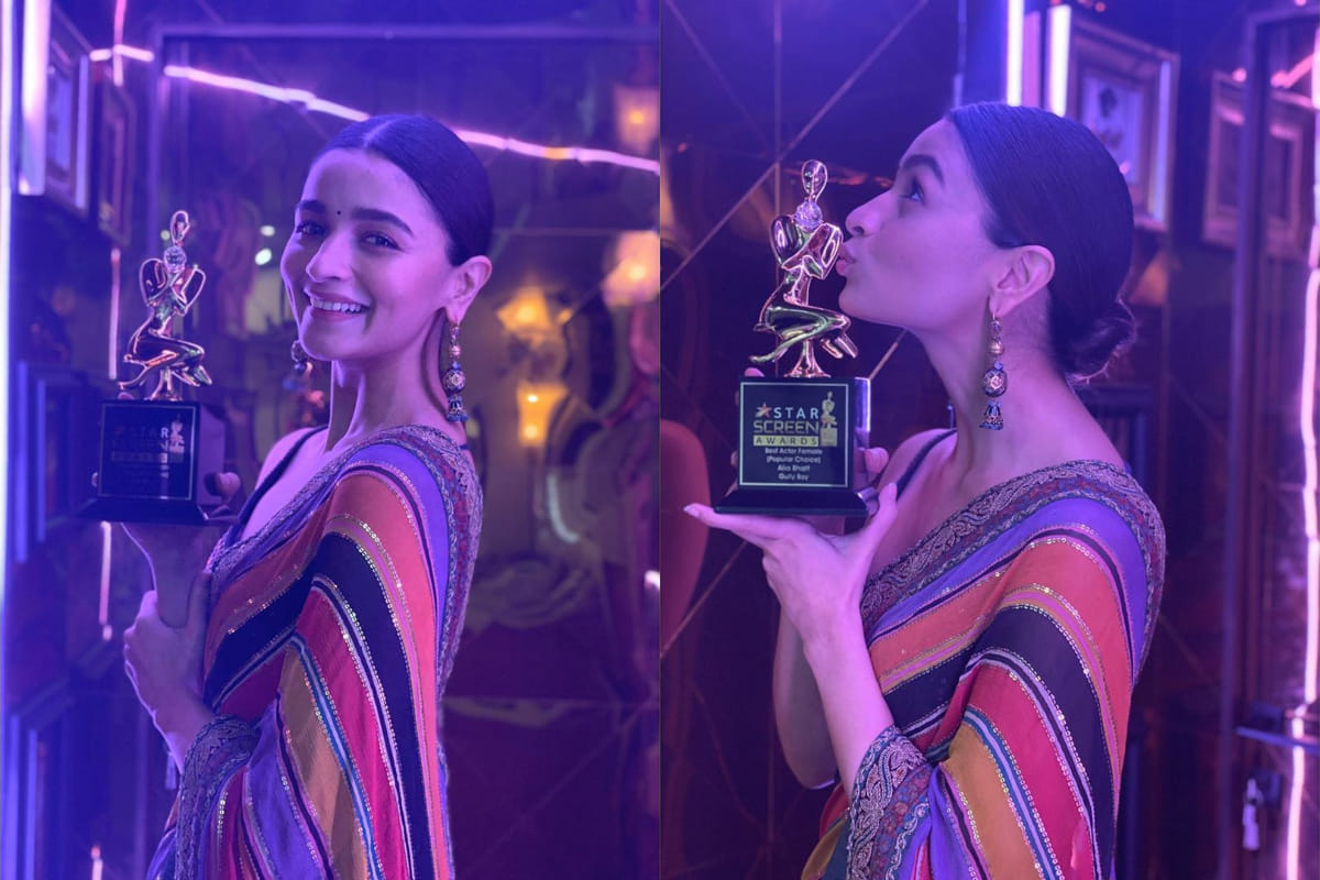 alia bhatt look fabulous in sabyasachi multicolor saree at screen awards