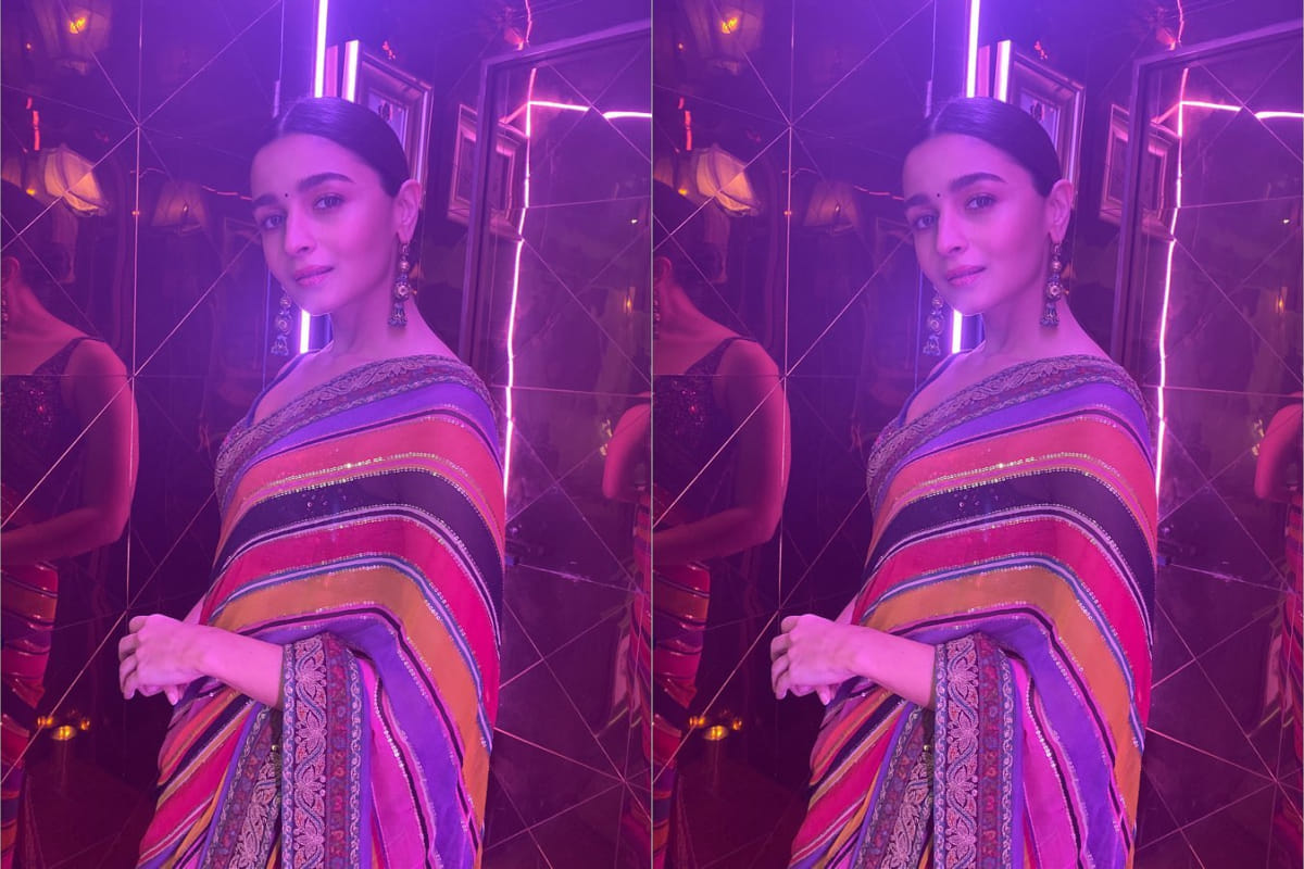 alia bhatt look fabulous in sabyasachi multicolor saree at screen awards