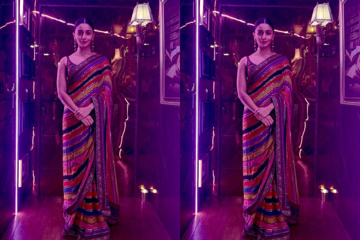 alia bhatt look fabulous in sabyasachi multicolor saree at screen awards