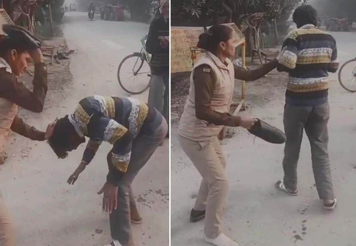 Female constable beats man over who passed bad comments on school girls in kanpur
