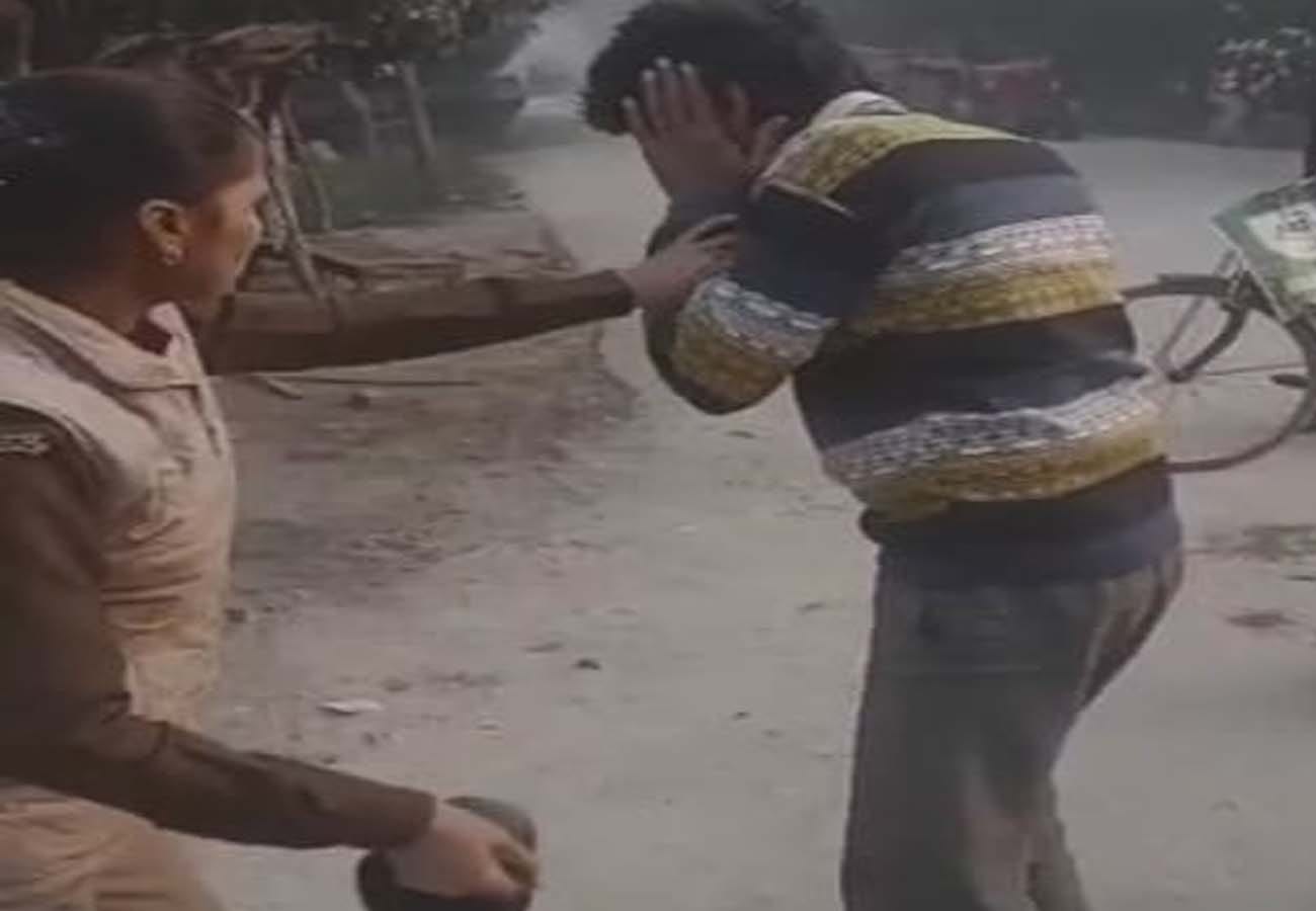 Female constable beats man over who passed bad comments on school girls in kanpur