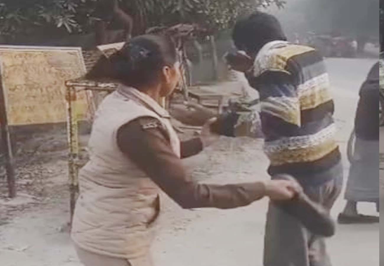 Female constable beats man over who passed bad comments on school girls in kanpur