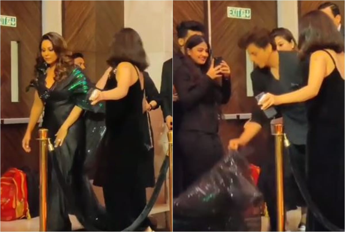 Viral Video of Shah Rukh Khan helped wife Gauri Khan with her long trail at an award show