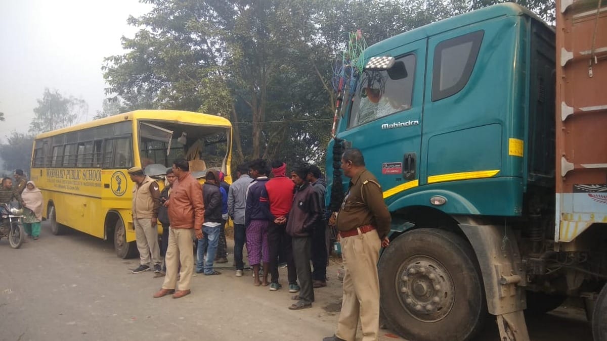 many child student injured in school bus trcuk collision in bhadohi