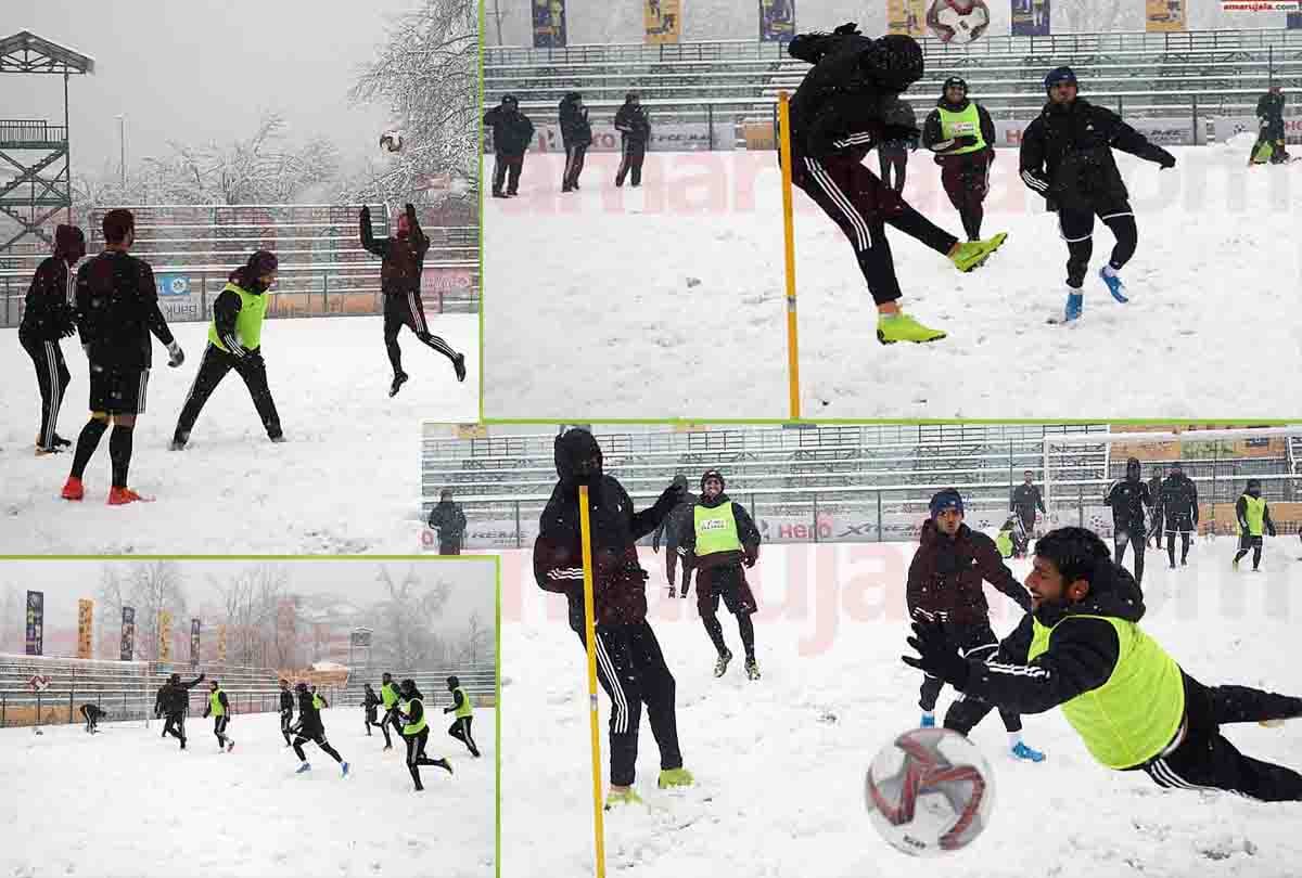 Real Kashmir players are practicing football in cold winter