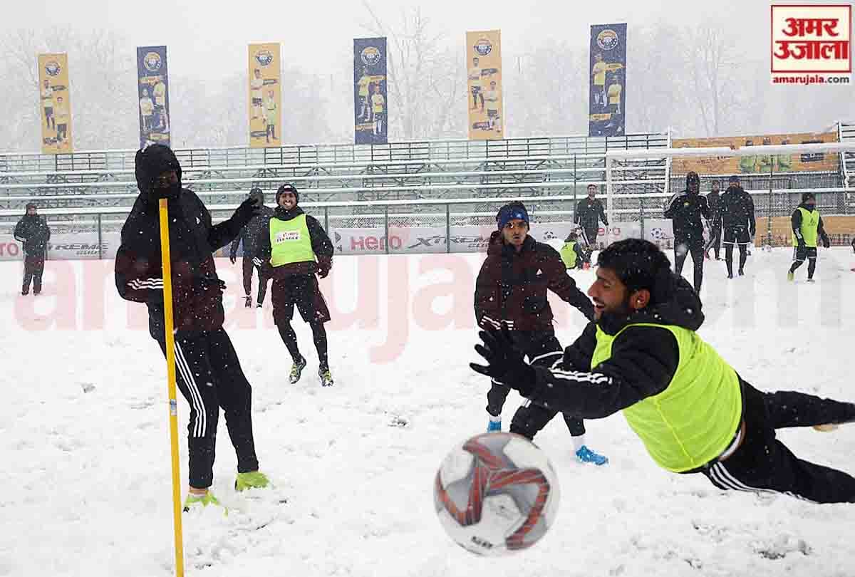 Real Kashmir players are practicing football in cold winter