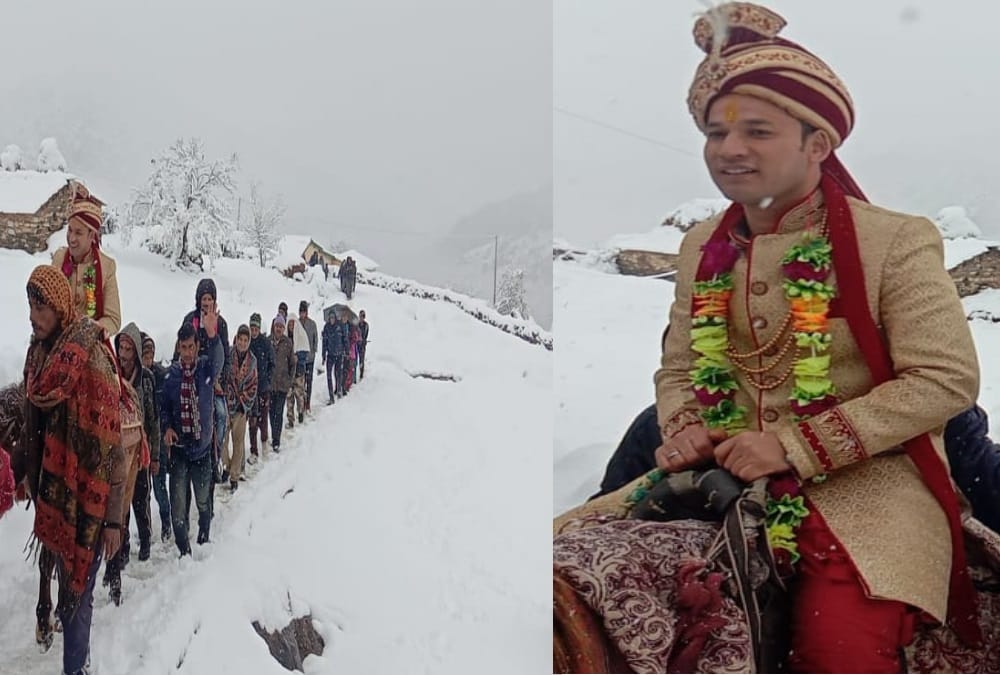 Groom walked and Going For marriage even heavy snowfall in uttarakhand chamoli