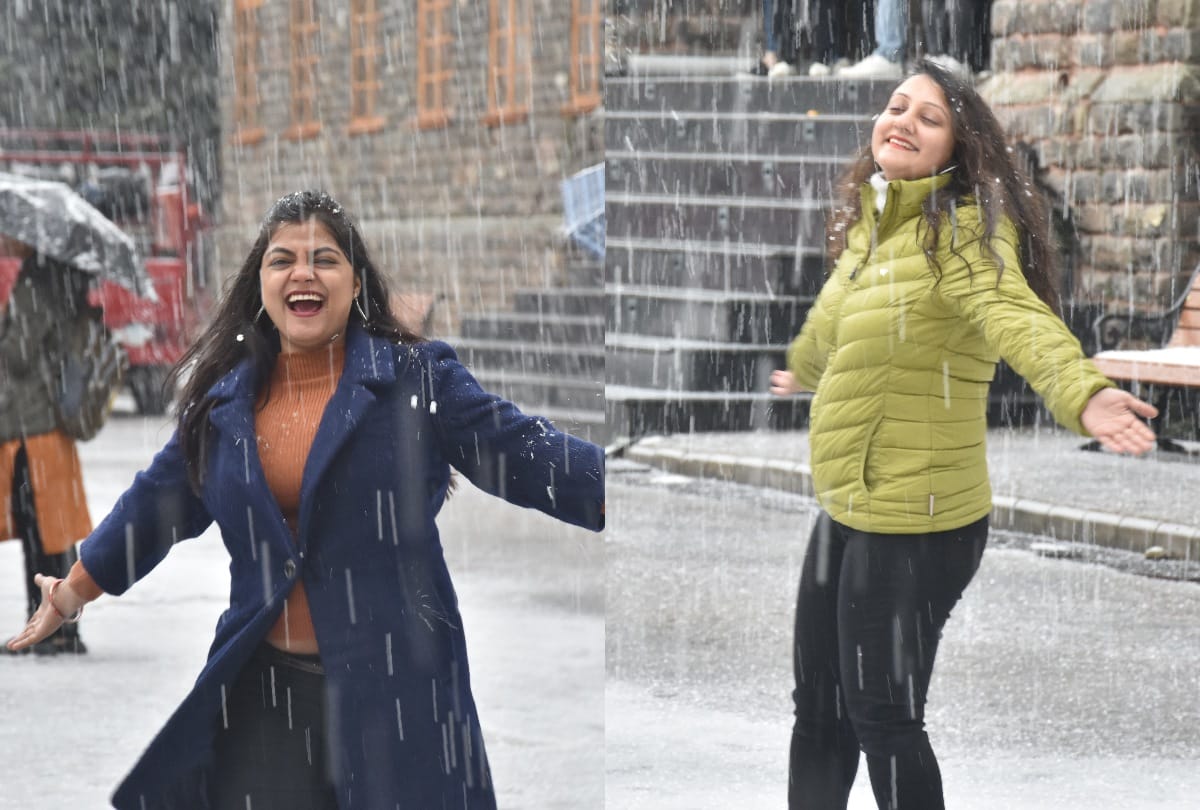 tourist enjoy fresh snowfall in shimla in himachal pradesh