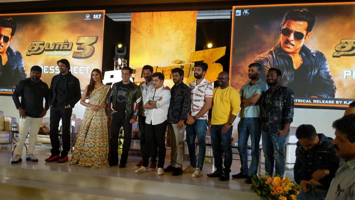 Salman Khan Prabhu Deva and Kiccha Sudeep dance during Dabangg 3 promotion in chennai