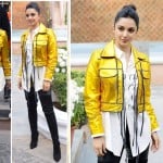 kiara advani in golden metallic crop jacket in delhi for film good newwz promotion