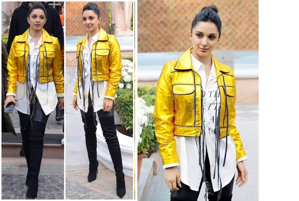 kiara advani in golden metallic crop jacket in delhi for film good newwz promotion