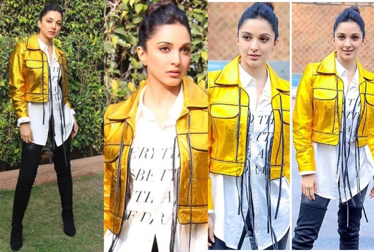 kiara advani in golden metallic crop jacket in delhi for film good newwz promotion