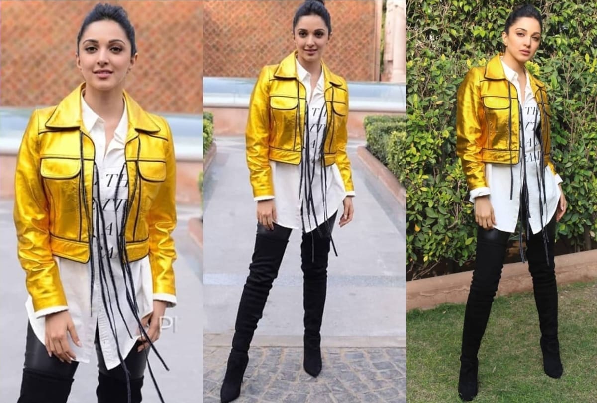 kiara advani in golden metallic crop jacket in delhi for film good newwz promotion